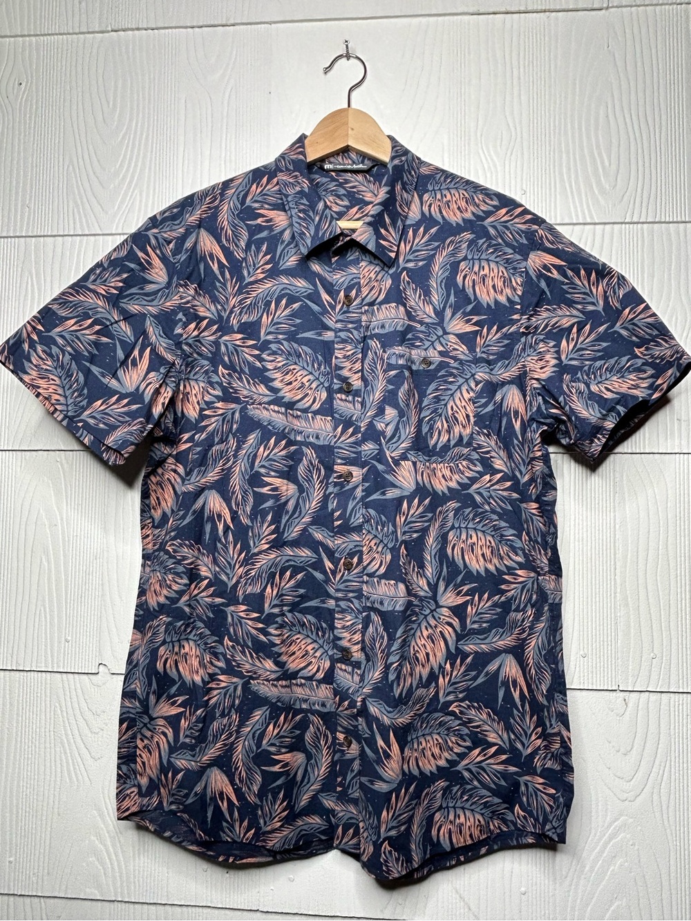 Travis Mathew Navy Short-Sleeve Button-Down with Peach Leaf Print